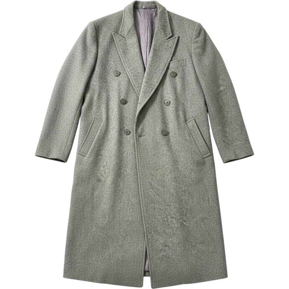 Mens Grey Wool Double Breasted Overcoat Peak Lapel Quilted Lining Long Trench
